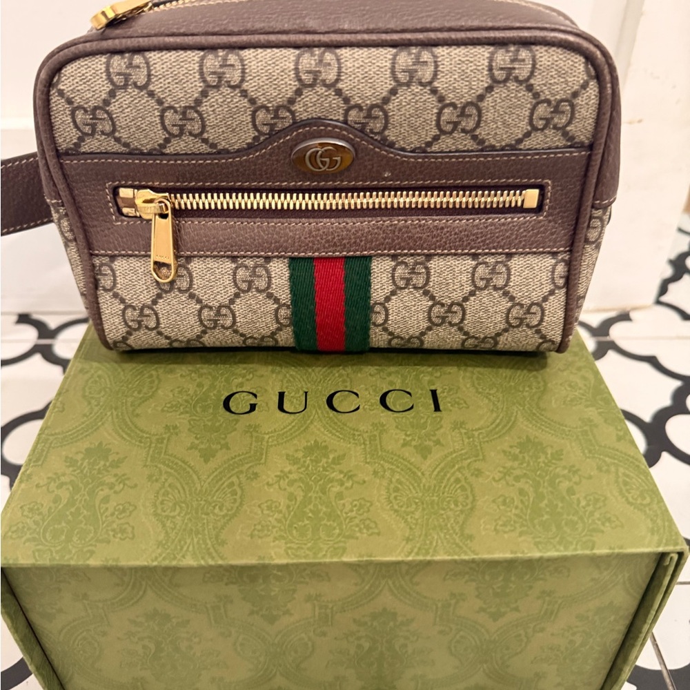 GG Supreme Monogram Web Small Ophidia Belt Bag 75 30 Dark Brown